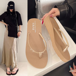 [Free Shipping] New style womens summer beach sandals fashionable outdoor wear thick-soled wedge flip-flops with rhinestones