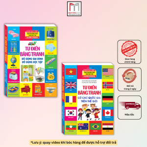 Combo 2c-Từ điển bằng tranh Cờ các quốc gia + đồ dùng học tập đồ dùng gia đình - bìa cứng