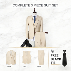 Luxury Beige Mens 3 Piece Suit Set Slim Fit Wedding Groom Tuxedo Formal Blazer Vest Pants for Groomsmen Prom Party