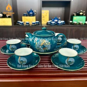 Ấm Chén Bát Tràng Cao Cấp - Bộ Bình Trà Phúc Lộc Thọ Men Xanh Mallard (xanh cổ vịt)