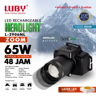 LUBY LAMPU SENTER KEPALA ZOOM 65W L-2906NL RECARGEABLE CAHAYA PUTIH