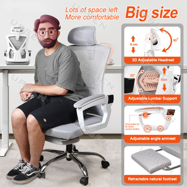 Big Size Home Office Chair Breathable Mesh Computer Chairs Recliner Deck Adjustable Sling Arm Ergonomic Chair For Big Guys Rotating Game High Back Adjustable Lumbar Support Foot Rest Furniture