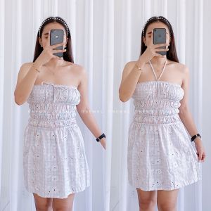 DNEMNLPH Karina Tube Eyelet Gingham Mini Dress -Summer Ribbon Floral Sleeveless Vintage Garterized Freesize