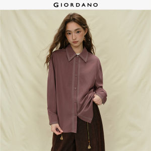 Giordano Women Embroidered trim long sleeve matte shirt Free Shipping 18345831