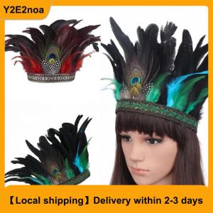 【Local shipping】 Fashion Feather Crown Headbands With Strap Decorative Headdress Indian Crown Hair Band Halloween Cosplay Headwear