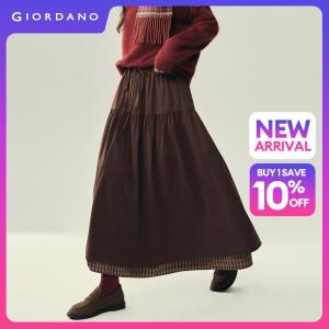 GIORDANO Women Skirts Contrast Plaid Hem Retro Maxi Skirts Elastic Waist Fashionable Casual Long Skirts 18466321