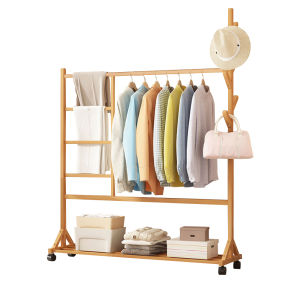 ราวแขวนเส้อผ้า ราวไม้อเนกประสงค์ ☘️ราวตากผ้า 👕ล้อลากหมุนได้ 360 องศา ชั้นวางเสื้อผ้าไม้ไผ่ coat rack