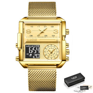 LIGE 2023 Original Watch Men New Luxury Sports Wrist Watches Gold Quartz Full Steel Waterproof Dual Display Alarm Watches for Men+Box