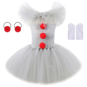 New Halloween Pennywise Clown Girl dress Costume Gray Scary Joker Cosplay Tulle Clothes Outfit Fancy Tutu Dress Carnival Masquerade Kids Party Costume with gloves hairpin