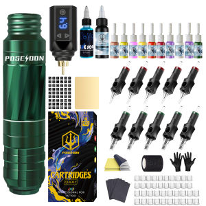 POSEIDON Tattoo Kit-Tattoo Machine with 10Pcs Tattoo Needles Cartridge and 1500mAh Wireless Power SupplyTattoo Pen and Tattoo Tool  for Artist