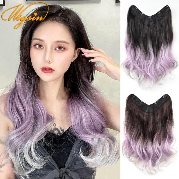 45cm Synthetic Long Curly V shaped Hair Extension Half Wig Purple