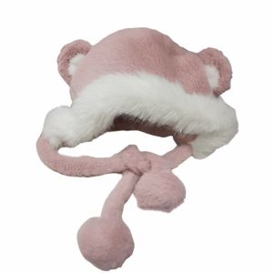 OMQAIO Plush Cute Bear Ear Hat Warm Korean Women Fluffy Hats Fashion Casual Faux Fur Bucket Hat Winter