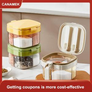 【CANAMEK 】 Seasoning Box With Lid And Spoon 4 Compartment Spice Pots With Handle Home Kitchen Condiment Jars For Sugar Salt Pepper