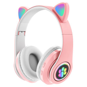 DISOUR B39M STN28 Cute Flash Light Cat Ears Wireless Headphones LED RGB Breathing Gaming Stereo HIFI Bass Foldable Bluetooth Earphones CVC6.0 With Mic For Girl Kids Gift PC