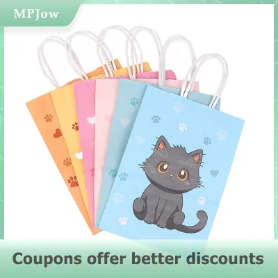 【MPJow】 6Pcs Colorful Cartoon Cat Paw Print Paper Candy Bags Gift Bags With Handles For Pet Theme Kid Birthday Party Decorations Favors