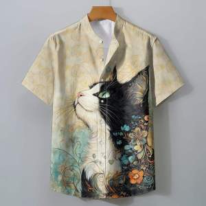 Vintage Shirt For Men 2026 Cartoon Cat Pattern Shirt Buttons Mens Shirts Plus Size Casual Short Sleeve Fashion Streetwear