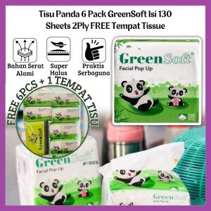 Tisu Panda 6 Pack FREE Tempat Tissue Green Soft Facial Pop Up Isi 130 Sheets 2Ply / Tissu Muka Wajah Pembersih Serbaguna Bahan Lembut Tidak Mudah Sobek Praktis Ekonomis / Travel Size Cocok Untuk Dibawa Saat Berpergian Dan Disimpan Didalam Mob - FR GALLERY