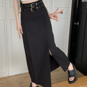 IELGY womens korean style high waist slim mid-length slit A-line skirt