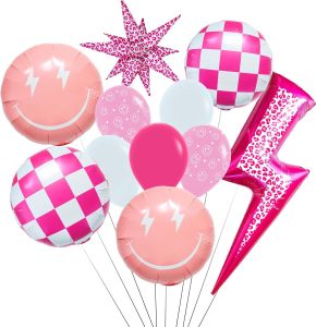 Pink Lighting Smile Face Balloon Bouquet/Pink Leopard Lighting Bolt White Checkered Balloons For Happy Dude Birthday/Preppy Y2K Party Decoration/Babyshower Party Decor