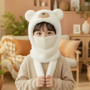 PaulWeekend Adorable Bear Hooded Hat with Neck Warmer and Mask for Kids Winter Warmth & Wind Protection