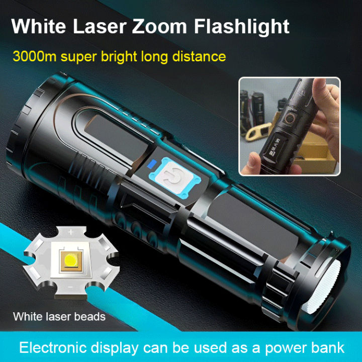 Retractable Zoom Flashlight White Laser Beam Long Range High Power