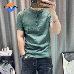 Mens Short-sleeved T-shirt 2024 Summer New Stand-up Collar Tencel Cotton Linen Half-sleeved Shirt High-end Mens Tops