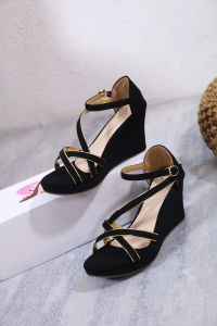 Korean Fashion 2.5 inch Wedge Leather High Heel Sandals  for Women