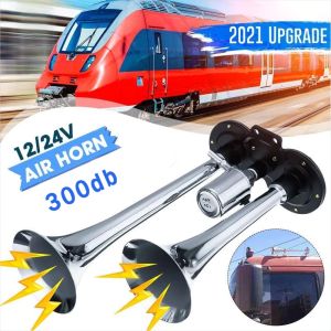 2pcs แตรลมไฟฟ้า12v แตรลมรถบรรทุก24v 30W 300db ปากคู่ 2ปาก 12V (สีเงิน)เสียงดังสุดยอดแบนด้านล่างรถแตรอากาศชุ