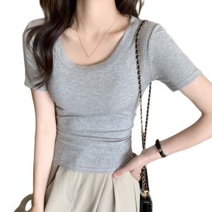 AFGYJT Round Neck Korean Y2K Crop Tops Solid Color Slim Black White Grey T-shirt Korean Style Short Sleeves Slim Short T-shirt Summer Daily