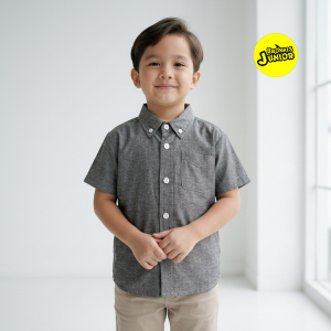 Bronkis Junior Kemeja Anak Laki Laki Lengan Pendek Bahan Chambray  Warna Dark Grey untuk usia 0-10 tahun