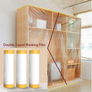 20M/65.6ft Double Pre-Taped Masking Film PE Drop Cloth Sheeting for Automotive Painting Furniture Living Room Dust-proof Protect