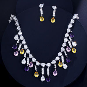SEQUITO Luxury Brides Jewelry Set White Gold Plated Full Pave Setting Waterdrop Cut AAAAA Cubic Zirconia Fashoin Tassel Earrings Necklace Set for Wedding Party SJ376