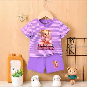 Setelan Baju Kaos Kombinasi Salur untuk anak perempuan Motif BALLERINA CAPPUCHINA Viral Usia 1-8 Thn