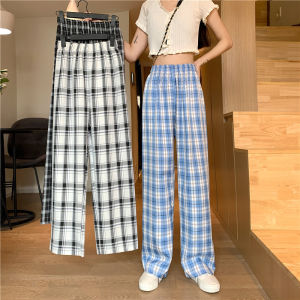 กางเกงลายสก็อตไม่มีกระเป๋ากางเกงน่ารักมากทรงขากระบอกใหญ่ เอวสูงปิดสะดือ กางเกงขากว้างไซส์เกาหลี กางเกงขายาวผู้หญิง