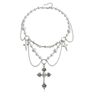 Gothic Cross Rosary Pendant Necklace Handmade Pearl Beaded Necklace Gothic Punk Choker Chain Fashion