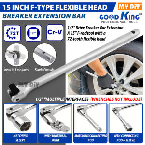 GOOD KING 15" CR-V 1/2" Drive Extension Breaker Bar F Handle 15" F Rod Breaker Bar Head Socket Wrench