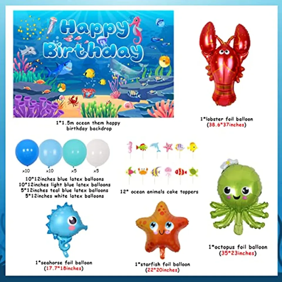 Under the Sea Party Decorations for Boys, Ocean Theme Birthday Decorations,  Under the Sea Balloons Arch Kit with Happy Birthday Banner, Marine Animals