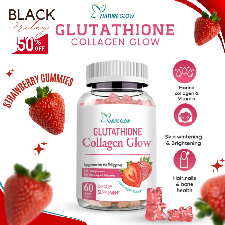 Nature Glow Glutathione Collagen Glow Anti-Aging Whitening Skin Vitamins Gummies Strawberry Flavor