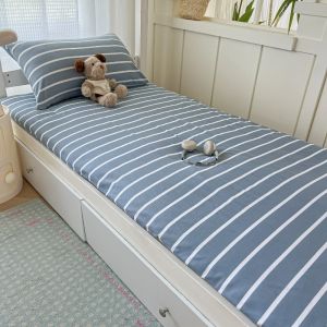 Dansunreve Single Zipper Bedsheet Student Stripe Plaid Print Dormitory Mattress Cover With Zip 2inch 拉链床单 Washed Cotton Simple Soft Skin-friendly Bedding Single Super Single Bed Sheet