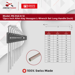 PB SWISS TOOLS 12pcs Inch Allen Key Hexagon L-Wrench Set Long Handle (Inch) (Chrome) PB 214Z.H-12