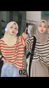 Ready stock 🎀 Striped Top Blouse Casual Womens Long Sleeve Loose Large Size Casual Big T Shirt Couple Top