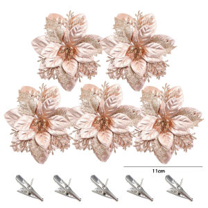 YESPERY 5Pcs Glitter Christmas Flower with Clips Bright Color Xmas Tree Fake Flower Ornament Home Christmas Decor