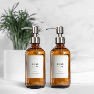 Pump Bottle Dispenser for Liquid Soap Bathroom Hand Soap Dispenser Amber Glass Soap and Lotion Dispenser Set 2pcs 8Oz 250ml2026