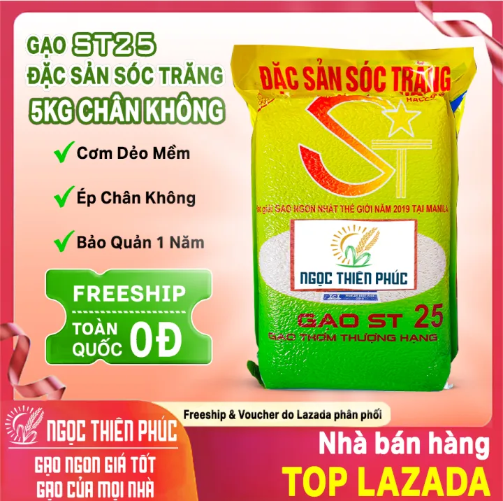 Gạo ST25 ÉP CHÂN KHÔNG 5KG - Dẻo Mềm Không Nở Ngon Cơm Hạn Dùng 1 Năm - Ngọc Thiên Phúc