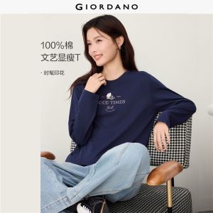 Giordano Beau Monde Women Floral themed print long sleeve cotton tee Free Shipping 13396790