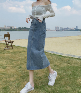 COCOEPPS Chân Váy Denim Xẻ Tà Mới Mùa Hè 2022 Chân Váy Midi Chữ A Hông Túi Cạp Cao Cho Nữ GG