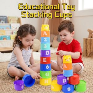 Starry Home.my Stacking Cups Early Learning Toddler Developmental Toys 9 Pieces Printed Numbers Letters Bright Vibrant Shades Bear Cup Design Abs Safe Plastic Sensory Development Hand Eye Coordination 3 Years Above Multi Use Mesh Bag Packaging Tahan Lama