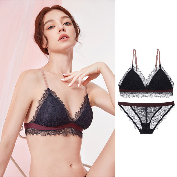 INTIMA Sexy French Bra Set for Women Lace Wireless Triangle Thin Cup Small  Breasts Bra and Panty Sets Underwear Bralette Female