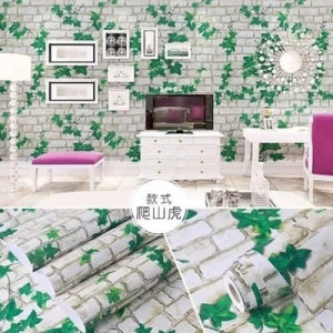 Wallpaper Dinding Motif Bata Daun Hijau Putih Ukuran Panjang 8 s/d 9 Meter x Lebar 45CM