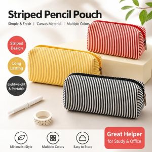 TOO AGHAST69ST7 Polyester Bubble Yarn Pencil Pouch Zipper Closure Large Capacity Pencil Case Minimalist Striped Print Pen Bag Gift